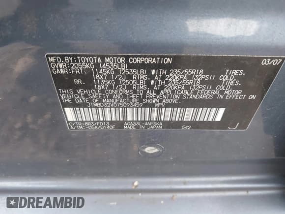 ✅ 2007 Toyota RAV4 Sport • VIN: JTMBD32V075093459 • Lot: 43691023. Wystawiony na IAAI z przebiegiem 190 256 mil. Bezpłatny archiwum sprzedaży aukcyjnych z USA i szczegółowy raport historii pojazdu na DreamBid. Zdjęcie 9.