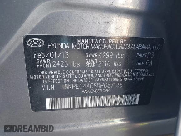 ✅ 2013 Hyundai Sonata SE • VIN: 5NPEC4AC8DH687136 • Lot: 43453065. Listed on IAAI with 164,631 mi. Free auction sales archive from the USA and detailed vehicle history report at DreamBid. Image 9.