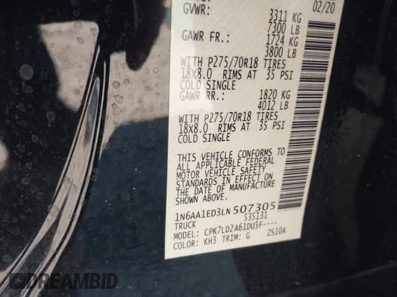 ✅ 2020 Nissan Titan SL • VIN: 1N6AA1ED3LN507305 • Lot: 42041640. Wystawiony na IAAI z przebiegiem 100 516 mil. Bezpłatny archiwum sprzedaży aukcyjnych z USA i szczegółowy raport historii pojazdu na DreamBid. Zdjęcie 9.