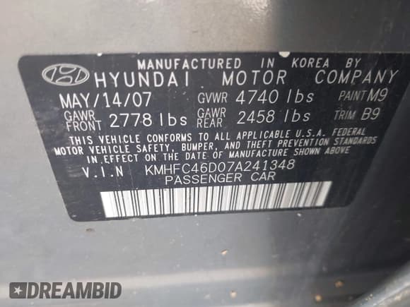 ✅ 2007 Hyundai Azera GLS • VIN: KMHFC46D07A241348 • Lot: 43569687. Listed on IAAI with Not provided. Free auction sales archive from the USA and detailed vehicle history report at DreamBid. Image 9.