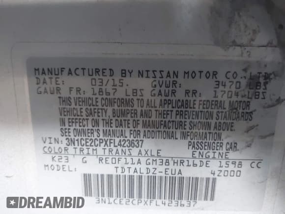 ✅ 2015 Nissan Note S • VIN: 3N1CE2CPXFL423637 • Lot: 42988065. Listed on IAAI with 136,147 mi. Free auction sales archive from the USA and detailed vehicle history report at DreamBid. Image 9.