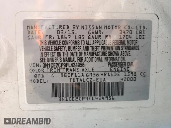 ✅ 2015 Nissan Note SR • VIN: 3N1CE2CP9FL424956 • Lot: 57772185. Listed on Copart with 128,794 mi. Free auction sales archive from the USA and detailed vehicle history report at DreamBid. Image 12.