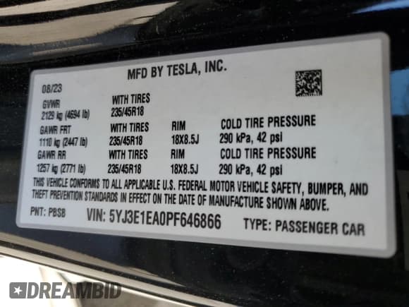 ✅ 2023 Tesla Model 3 • VIN: 5YJ3E1EA0PF646866 • Лот: 42763275. Опубликован ранее на Copart с пробегом 24 382 миль. Бесплатный доступ к архиву аукционных продаж из США и подробный отчёт об истории автомобиля на DreamBid. Изображение 12.