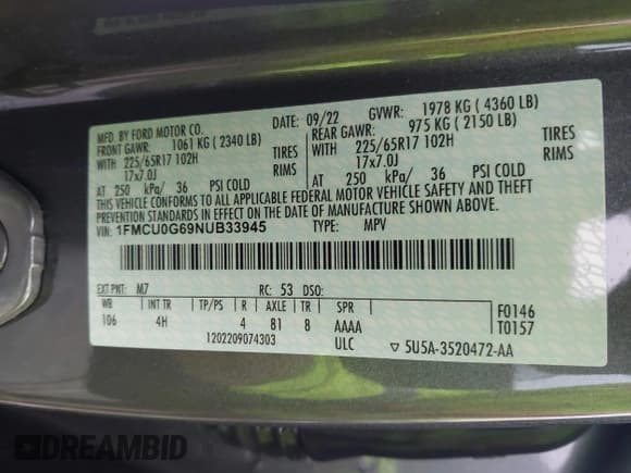 ✅ 2022 Ford Escape SE • VIN: 1FMCU0G69NUB33945 • Лот: 43529268. Опубликован ранее на IAAI с пробегом 17 082 миль. Бесплатный доступ к архиву аукционных продаж из США и подробный отчёт об истории автомобиля на DreamBid. Изображение 9.