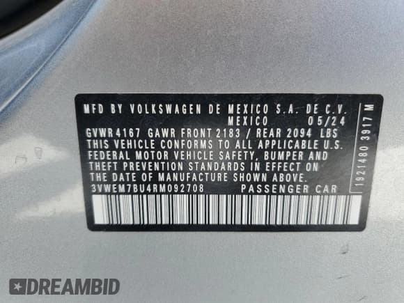 ✅ 2024 Volkswagen Jetta SE • VIN: 3VWEM7BU4RM092708 • Lot: 51473235. Listed on Copart with 19,861 mi. Free auction sales archive from the USA and detailed vehicle history report at DreamBid. Image 12.