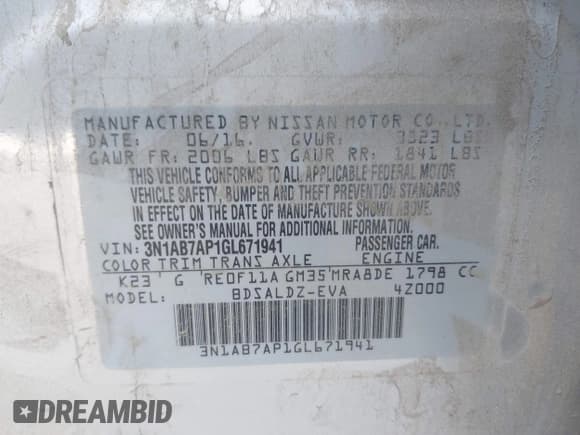 ✅ 2016 Nissan Sentra S • VIN: 3N1AB7AP1GL671941 • Лот: 43163280. Опубликован ранее на IAAI с пробегом 184 749 миль. Бесплатный доступ к архиву аукционных продаж из США и подробный отчёт об истории автомобиля на DreamBid. Изображение 9.