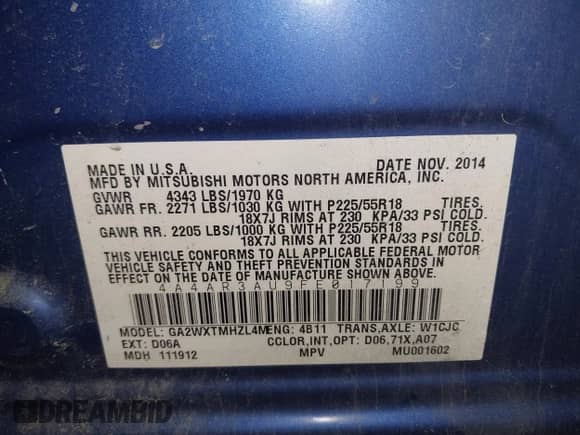 2015 Mitsubishi Outlander ES с VIN 4A4AR3AU9FE017199, выставлен на аукционе IAAI как лот 43566035 с пробегом 186 405 миль миль и . История ставок и продаж доступна на DreamBid. Изображение 9.