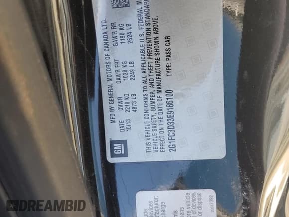 ✅ 2014 Chevrolet Camaro LT • VIN: 2G1FC3D33E9186100 • Lot: 82035805. Listed on Copart with 135,275 mi. Free auction sales archive from the USA and detailed vehicle history report at DreamBid. Image 12.