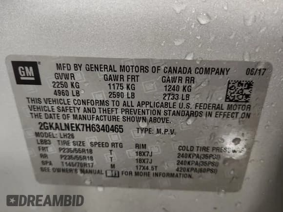 ✅ 2017 GMC Terrain SLE • VIN: 2GKALNEK7H6340465 • Лот: 87444375. Опубликован ранее на Copart с пробегом 57 061 миль. Бесплатный доступ к архиву аукционных продаж из США и подробный отчёт об истории автомобиля на DreamBid. Изображение 13.