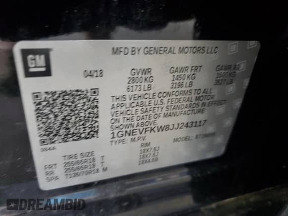 2018 Chevrolet Traverse LS с VIN 1GNEVFKW8JJ243117, выставлен на аукционе Copart как лот 60144725 с пробегом 108 947 миль миль и Списание • Salvage title. История ставок и продаж доступна на DreamBid. Изображение 13.