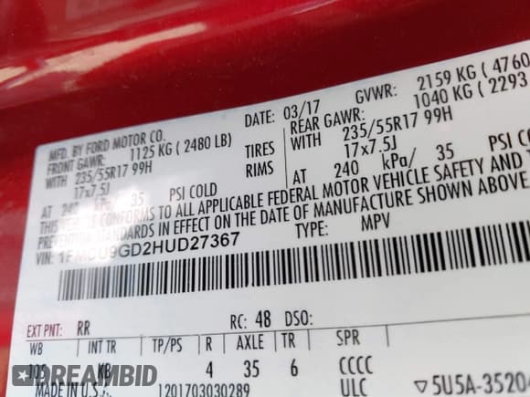 ✅ 2017 Ford Escape SE • VIN: 1FMCU9GD2HUD27367 • Lot: 42266185. Wystawiony na IAAI z przebiegiem 108 575 mil. Bezpłatny archiwum sprzedaży aukcyjnych z USA i szczegółowy raport historii pojazdu na DreamBid. Zdjęcie 9.