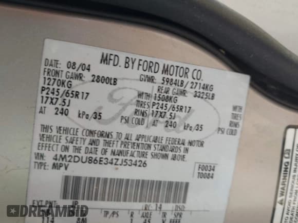 ✅ 2004 Mercury Mountaineer • VIN: 4M2DU86E34ZJ53426 • Лот: 42410215. Опубликован ранее на IAAI с пробегом 150 471 миль. Бесплатный доступ к архиву аукционных продаж из США и подробный отчёт об истории автомобиля на DreamBid. Изображение 9.