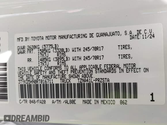 ✅ 2024 Toyota Tacoma SR • VIN: 3TYKD5HN0RT016711 • Lot: 42342980. Wystawiony na IAAI z przebiegiem 4 493 mil. Bezpłatny archiwum sprzedaży aukcyjnych z USA i szczegółowy raport historii pojazdu na DreamBid. Zdjęcie 9.