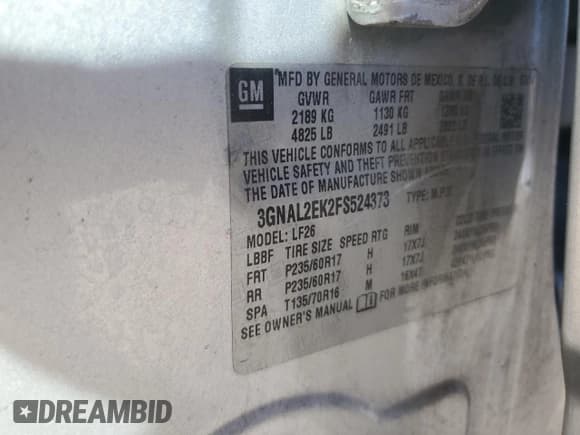 ✅ 2015 Chevrolet Captiva Sport LS • VIN: 3GNAL2EK2FS524373 • Lot: 89560445. Wystawiony na Copart z przebiegiem 116 207 mil. Bezpłatny archiwum sprzedaży aukcyjnych z USA i szczegółowy raport historii pojazdu na DreamBid. Zdjęcie 13.