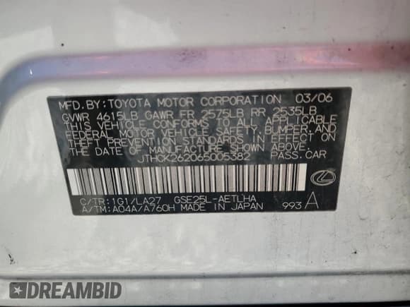 ✅ 2006 Lexus IS 250 • VIN: JTHCK262065005382 • Lot: 68354845. Listed on Copart with Not provided. Free auction sales archive from the USA and detailed vehicle history report at DreamBid. Image 12.