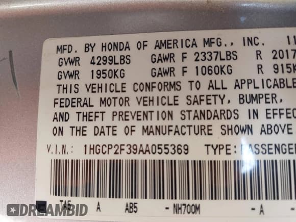 ✅ 2010 Honda Accord LX • VIN: 1HGCP2F39AA055369 • Lot: 43665990. Listed on IAAI with 124,733 mi. Free auction sales archive from the USA and detailed vehicle history report at DreamBid. Image 9.