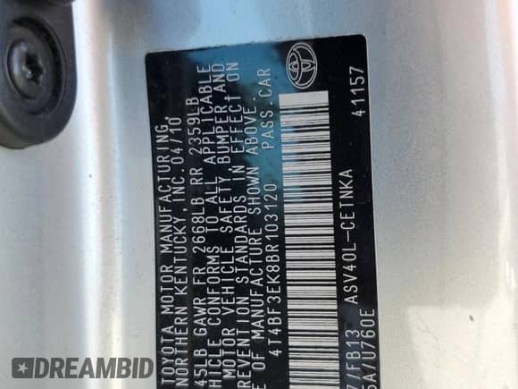 2011 Toyota Camry LE с VIN 4T4BF3EK8BR103120, выставлен на аукционе Copart как лот 82325585 с пробегом 85 829 миль миль и Чистый • Clean title. История ставок и продаж доступна на DreamBid. Изображение 13.