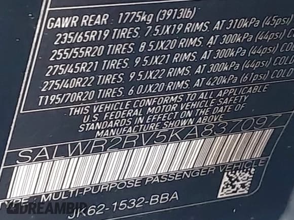 ✅ 2019 Land Rover Range Rover Sport HSE • VIN: SALWR2RV5KA837097 • Lot: 43461708. Wystawiony na IAAI z przebiegiem 109 033 mil. Bezpłatny archiwum sprzedaży aukcyjnych z USA i szczegółowy raport historii pojazdu na DreamBid. Zdjęcie 9.