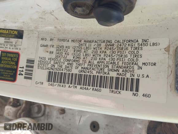 ✅ 2009 Toyota Tacoma • VIN: 5TELU42N29Z647580 • Lot: 40424920. Listed on IAAI with 119,903 mi. Free auction sales archive from the USA and detailed vehicle history report at DreamBid. Image 9.