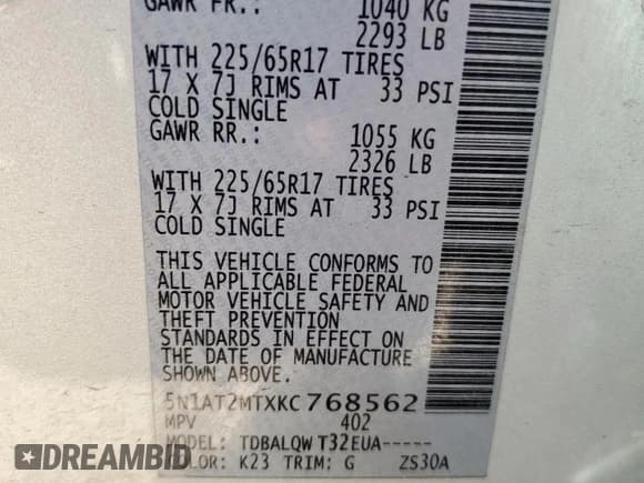 ✅ 2019 Nissan Rogue SV • VIN: 5N1AT2MTXKC768562 • Lot: 71373815. Listed on Copart with 62,559 mi. Free auction sales archive from the USA and detailed vehicle history report at DreamBid. Image 12.