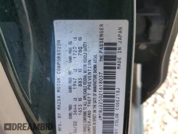 ✅ 2002 Mazda Protege DX • VIN: JM1BJ225021618037 • Lot: 92897355. Wystawiony na Copart z przebiegiem 160 409 mil. Bezpłatny archiwum sprzedaży aukcyjnych z USA i szczegółowy raport historii pojazdu na DreamBid. Zdjęcie 12.