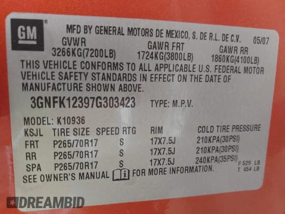 ✅ 2007 Chevrolet Avalanche 1LT • VIN: 3GNFK12397G303423 • Lot: 42530644. Listed on IAAI with Not provided. Free auction sales archive from the USA and detailed vehicle history report at DreamBid. Image 9.