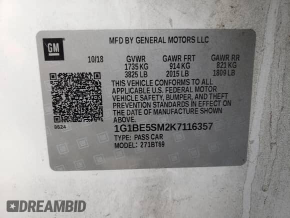 2019 Chevrolet Cruze LT с VIN 1G1BE5SM2K7116357, выставлен на аукционе Copart как лот 63809882 с пробегом 88 335 миль миль и . История ставок и продаж доступна на DreamBid. Изображение 10.