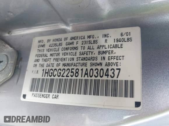 2001 Honda Accord EX с VIN 1HGCG22581A030437, выставлен на аукционе IAAI как лот 43085742 с пробегом 209 619 миль миль и . История ставок и продаж доступна на DreamBid. Изображение 9.