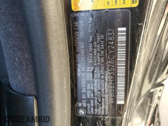 ✅ 2008 BMW 6 Series M6 • VIN: WBSEH93528CY24837 • Lot: 49299955. Listed on Copart with Not provided. Free auction sales archive from the USA and detailed vehicle history report at DreamBid. Image 12.