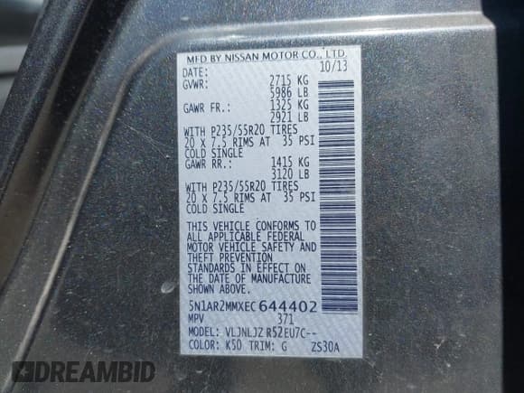 ✅ 2014 Nissan Pathfinder S • VIN: 5N1AR2MMXEC644402 • Lot: 43327559. Listed on IAAI with 197,721 mi. Free auction sales archive from the USA and detailed vehicle history report at DreamBid. Image 9.