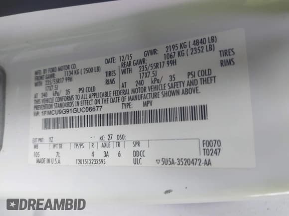 ✅ 2016 Ford Escape SE • VIN: 1FMCU9G91GUC06677 • Lot: 43308501. Listed on IAAI with 128,164 mi. Free auction sales archive from the USA and detailed vehicle history report at DreamBid. Image 9.