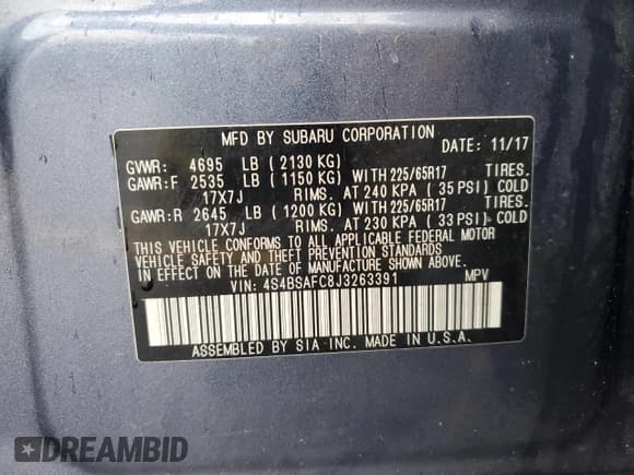 ✅ 2018 Subaru Outback Premium • VIN: 4S4BSAFC8J3263391 • Lot: 86641655. Listed on Copart with 98,441 mi. Free auction sales archive from the USA and detailed vehicle history report at DreamBid. Image 13.