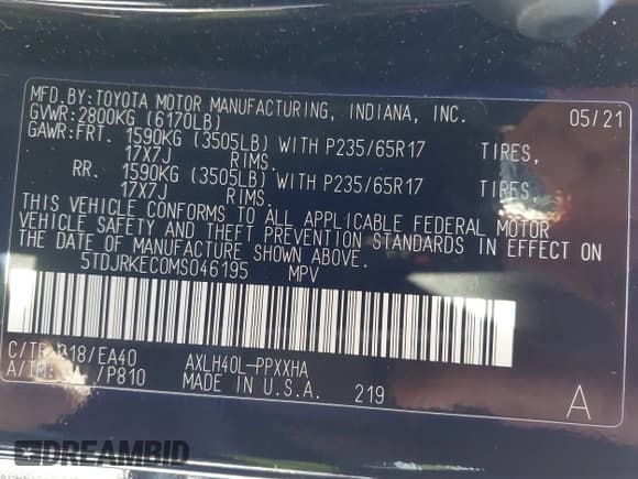 ✅ 2021 Toyota Sienna XLE • VIN: 5TDJRKEC0MS046195 • Lot: 43534153. Listed on IAAI with 43,810 mi. Free auction sales archive from the USA and detailed vehicle history report at DreamBid. Image 9.