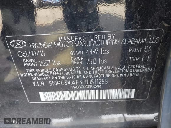 ✅ 2017 Hyundai Sonata Limited • VIN: 5NPE34AF3HH511255 • Lot: 43652931. Listed on IAAI with 173,831 mi. Free auction sales archive from the USA and detailed vehicle history report at DreamBid. Image 9.