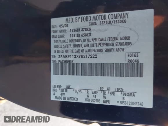 ✅ 2000 Ford Escort ZX2 • VIN: 3FAKP113XYR217222 • Lot: 43763176. Listed on IAAI with 187,146 mi. Free auction sales archive from the USA and detailed vehicle history report at DreamBid. Image 9.