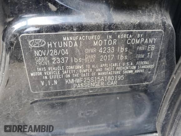 2005 Hyundai Sonata GL с VIN KMHWF25S15A180195, выставлен на аукционе Copart как лот 61186855 с пробегом Не указан миль и Списание • Salvage title. История ставок и продаж доступна на DreamBid. Изображение 12.