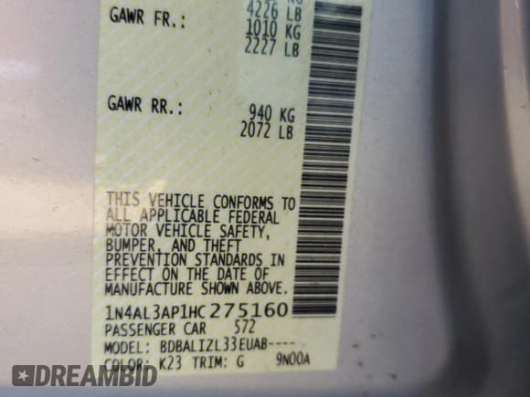 ✅ 2017 Nissan Altima SL • VIN: 1N4AL3AP1HC275160 • Lot: 91003445. Listed on Copart with 128,929 mi. Free auction sales archive from the USA and detailed vehicle history report at DreamBid. Image 12.