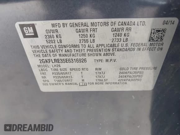 ✅ 2014 GMC Terrain SLE • VIN: 2GKFLRE35E6316926 • Lot: 41395057. Listed on IAAI with 165,055 mi. Free auction sales archive from the USA and detailed vehicle history report at DreamBid. Image 9.