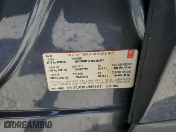 ✅ 2017 Tesla Model X 90D • VIN: 5YJXCDE23HF044191 • Lot: 70591435. Wystawiony na Copart z przebiegiem 103 208 mil. Bezpłatny archiwum sprzedaży aukcyjnych z USA i szczegółowy raport historii pojazdu na DreamBid. Zdjęcie 13.