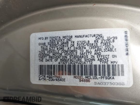 ✅ 2000 Toyota Sienna LE • VIN: 4T3ZF13C2YU214772 • Лот: 43333309. Опубликован ранее на IAAI с пробегом 113 307 миль. Бесплатный доступ к архиву аукционных продаж из США и подробный отчёт об истории автомобиля на DreamBid. Изображение 9.