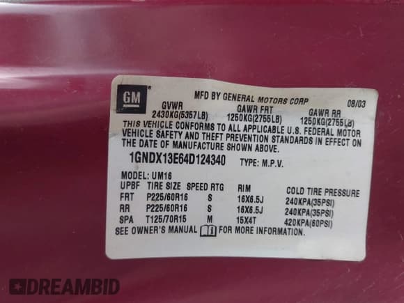 ✅ 2004 Chevrolet Venture LT • VIN: 1GNDX13E64D124340 • Lot: 42511902. Listed on IAAI with 179,723 mi. Free auction sales archive from the USA and detailed vehicle history report at DreamBid. Image 9.