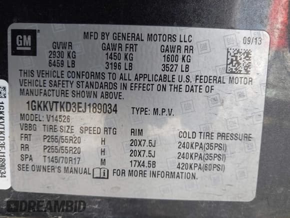 ✅ 2014 GMC Acadia Denali • VIN: 1GKKVTKD3EJ189034 • Lot: 43568632. Listed on IAAI with 181,004 mi. Free auction sales archive from the USA and detailed vehicle history report at DreamBid. Image 9.