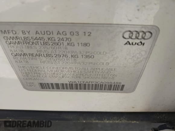 ✅ 2012 Audi Q5 Premium • VIN: WA1CFAFP3CA098486 • Lot: 42544729. Listed on IAAI with 177,542 mi. Free auction sales archive from the USA and detailed vehicle history report at DreamBid. Image 9.