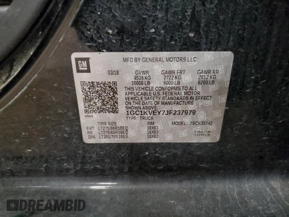 ✅ 2018 Chevrolet Silverado 2500HD LT • VIN: 1GC1KVEY7JF237979 • Lot: 68189035. Listed on Copart with Not provided. Free auction sales archive from the USA and detailed vehicle history report at DreamBid. Image 12.