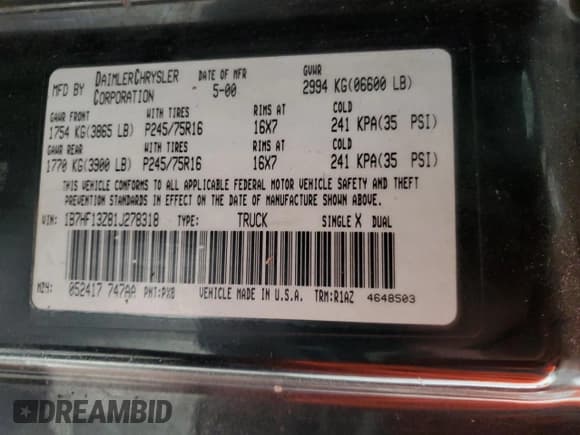 ✅ 2001 Dodge 1500 • VIN: 1B7HF13Z81J278318 • Lot: 80915145. Listed on Copart with 157,726 mi. Free auction sales archive from the USA and detailed vehicle history report at DreamBid. Image 12.