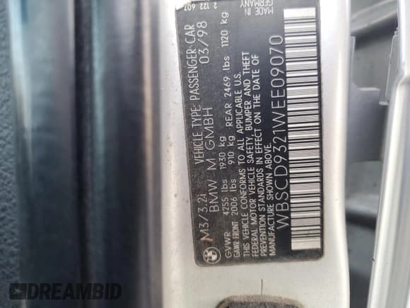✅ 1998 BMW 3 Series M3s • VIN: WBSCD9321WEE09070 • Лот: 69114625. Опубликован ранее на Copart с пробегом 207 146 миль. Бесплатный доступ к архиву аукционных продаж из США и подробный отчёт об истории автомобиля на DreamBid. Изображение 13.