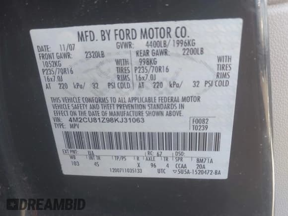 ✅ 2008 Mercury Mariner • VIN: 4M2CU81Z98KJ31063 • Лот: 43838095. Опубликован ранее на IAAI с пробегом 173 723 миль. Бесплатный доступ к архиву аукционных продаж из США и подробный отчёт об истории автомобиля на DreamBid. Изображение 9.