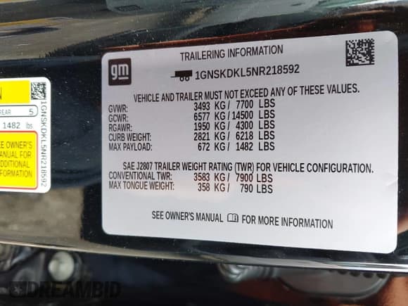 ✅ 2022 Chevrolet Suburban • VIN: 1GNSKDKL5NR218592 • Lot: 41989302. Listed on IAAI with 184,080 mi. Free auction sales archive from the USA and detailed vehicle history report at DreamBid. Image 9.