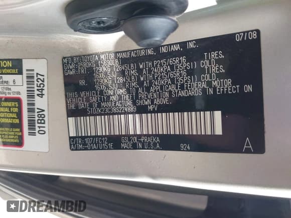 ✅ 2008 Toyota Sienna CE • VIN: 5TDZK23C38S224889 • Lot: 42652031. Listed on IAAI with 189,435 mi. Free auction sales archive from the USA and detailed vehicle history report at DreamBid. Image 9.