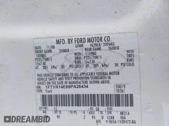 ✅ 2009 Ford Ranger XL • VIN: 1FTYR14E69PA26434 • Lot: 43616529. Listed on IAAI with 121,464 mi. Free auction sales archive from the USA and detailed vehicle history report at DreamBid. Image 9.